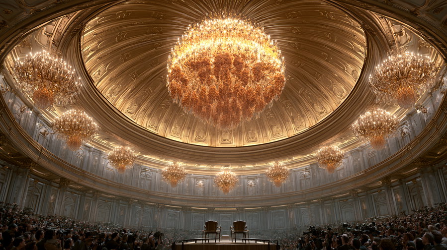 Luxurious circular hall featuring a large golden ornate dome ceiling, multiple grand chandeliers, an audience seated on both sides, and two chairs positioned at the center stage