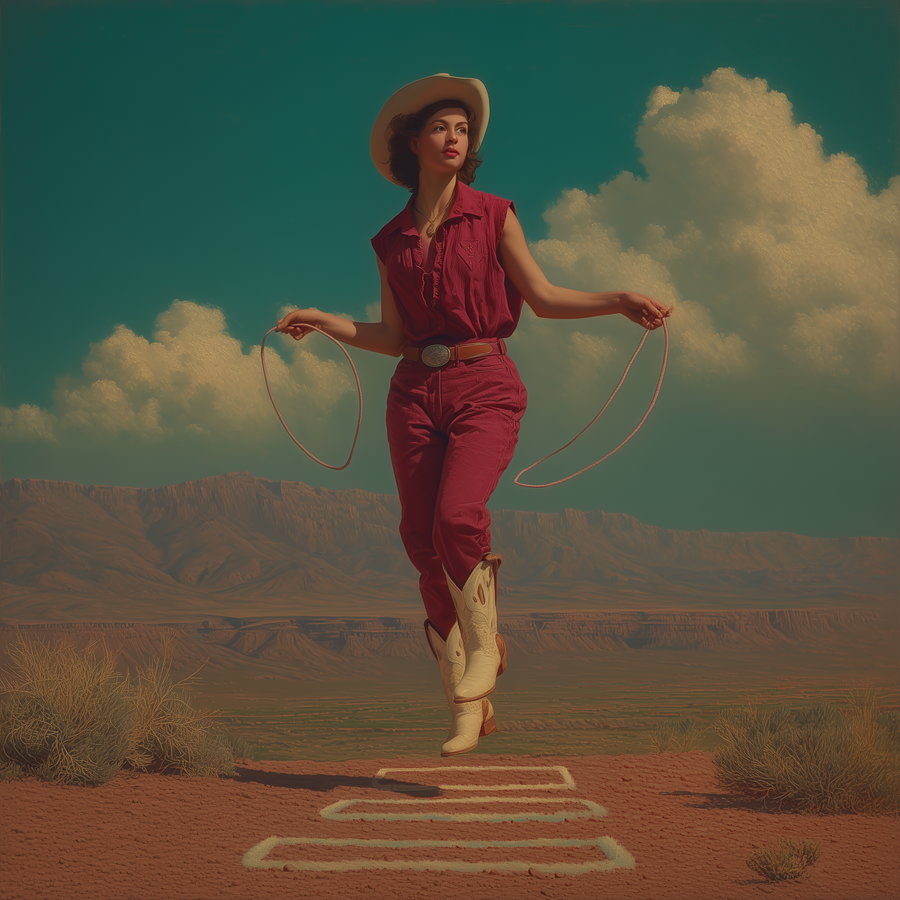 A woman in a red outfit, white cowboy hat, and white western boots is jumping rope outdoors in a desert landscape with mountains and clouds in the background