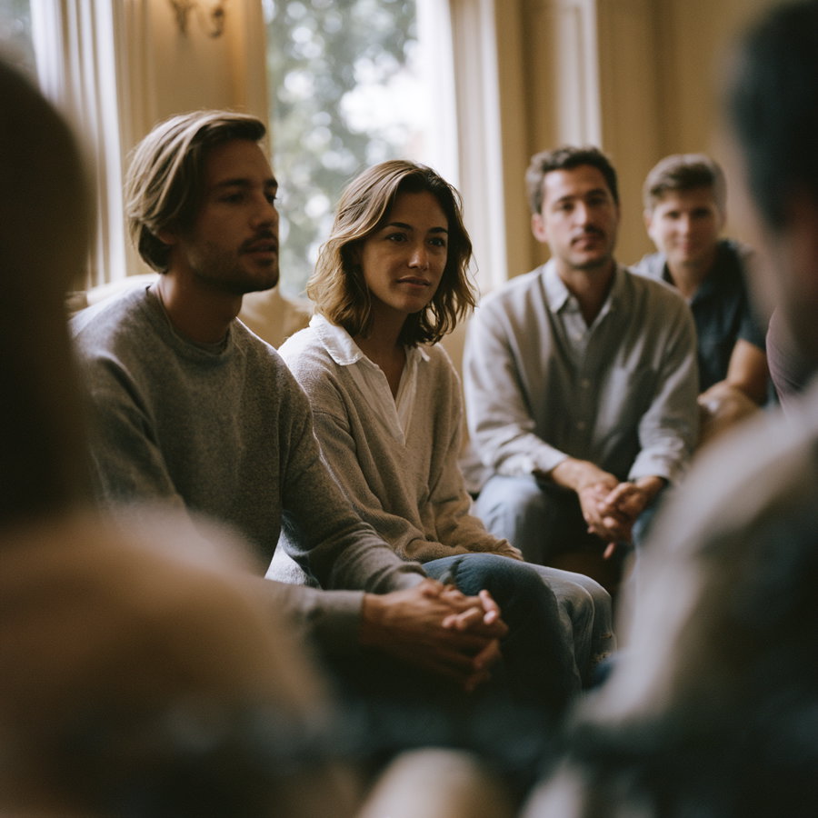 A group of young adults sitting in a circle indoors, attentively listening and interacting, with soft natural light coming through curtains.