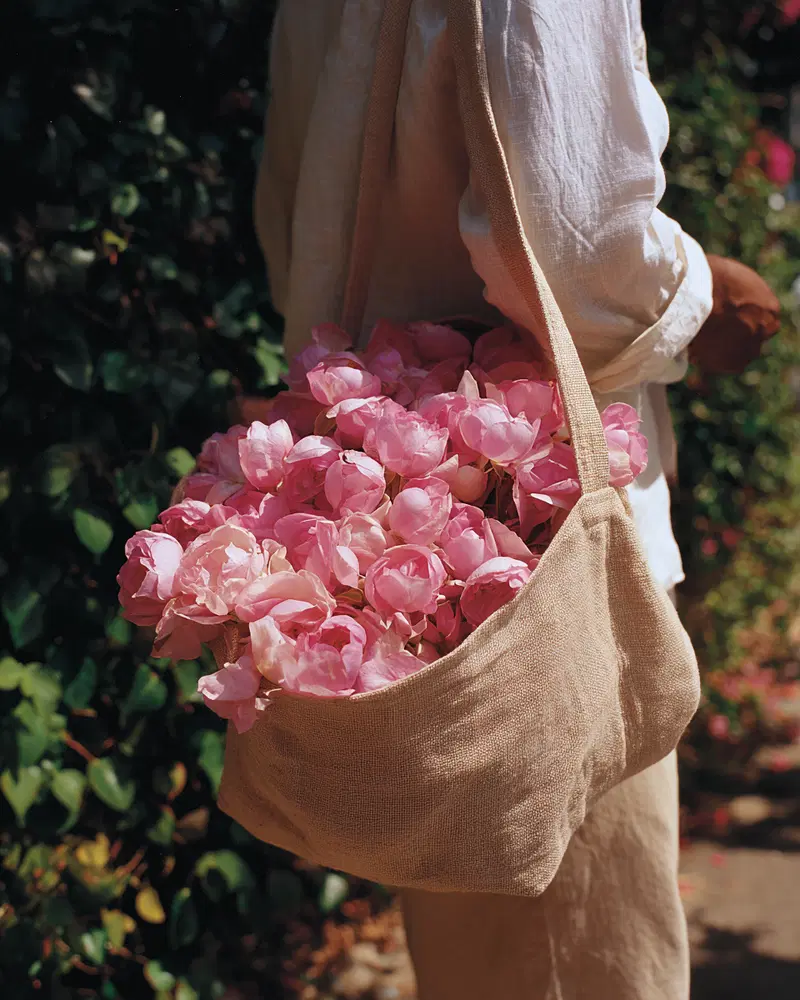 Close-up of a person carrying a rustic bag full of pink roses
