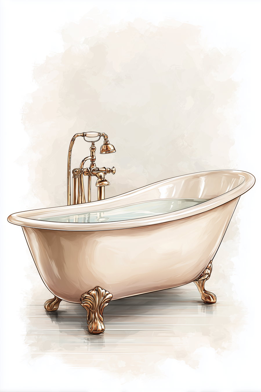 Illustration of a vintage clawfoot bathtub filled with water, featuring ornate brass faucets and a handheld showerhead, set against a light neutral background