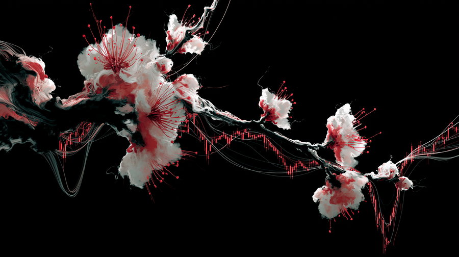 A digital abstract artwork featuring a dark branch adorned with cloud-like white and red blossoms on a solid black background, with flowing, thread-like red details