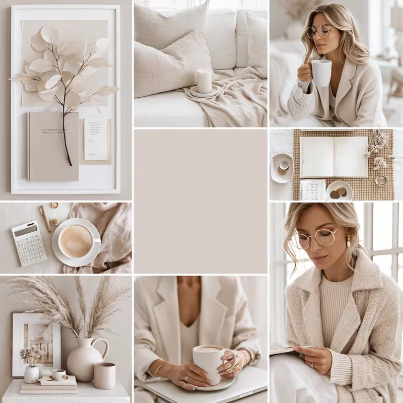 Soft neutral-toned collage with cozy lifestyle and minimalist decor elements