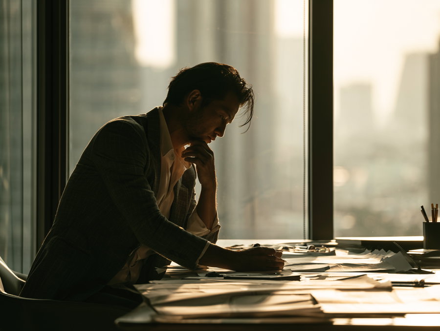 Silhouette of a man in a suit jacket sitting at a desk covered with papers, with large windows showing a blurred city skyline in the background during golden hour lighting