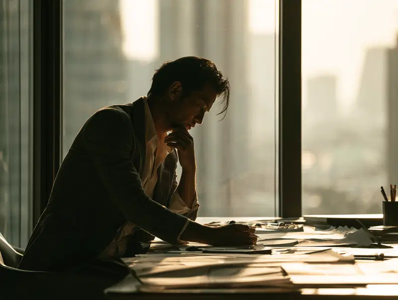 Moody silhouette of a man working thoughtfully in an office with city view