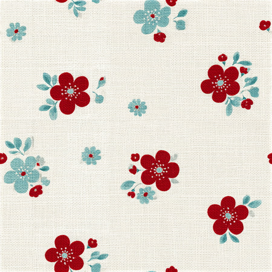 Pattern of red and blue flowers with green leaves scattered on a textured cream fabric