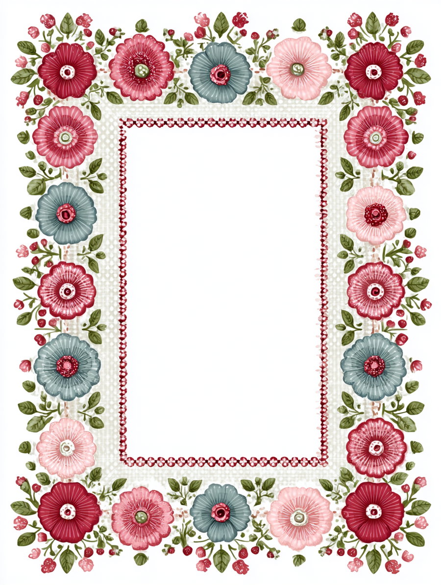 Rectangular floral frame with large pink, red, and blue flowers, green leaves, and smaller floral accents on a white background