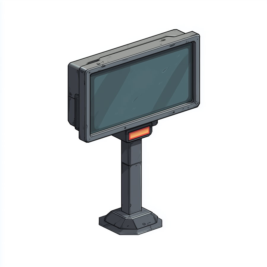 A detailed digital illustration of a freestanding modern digital billboard with a large blank screen and a sturdy base