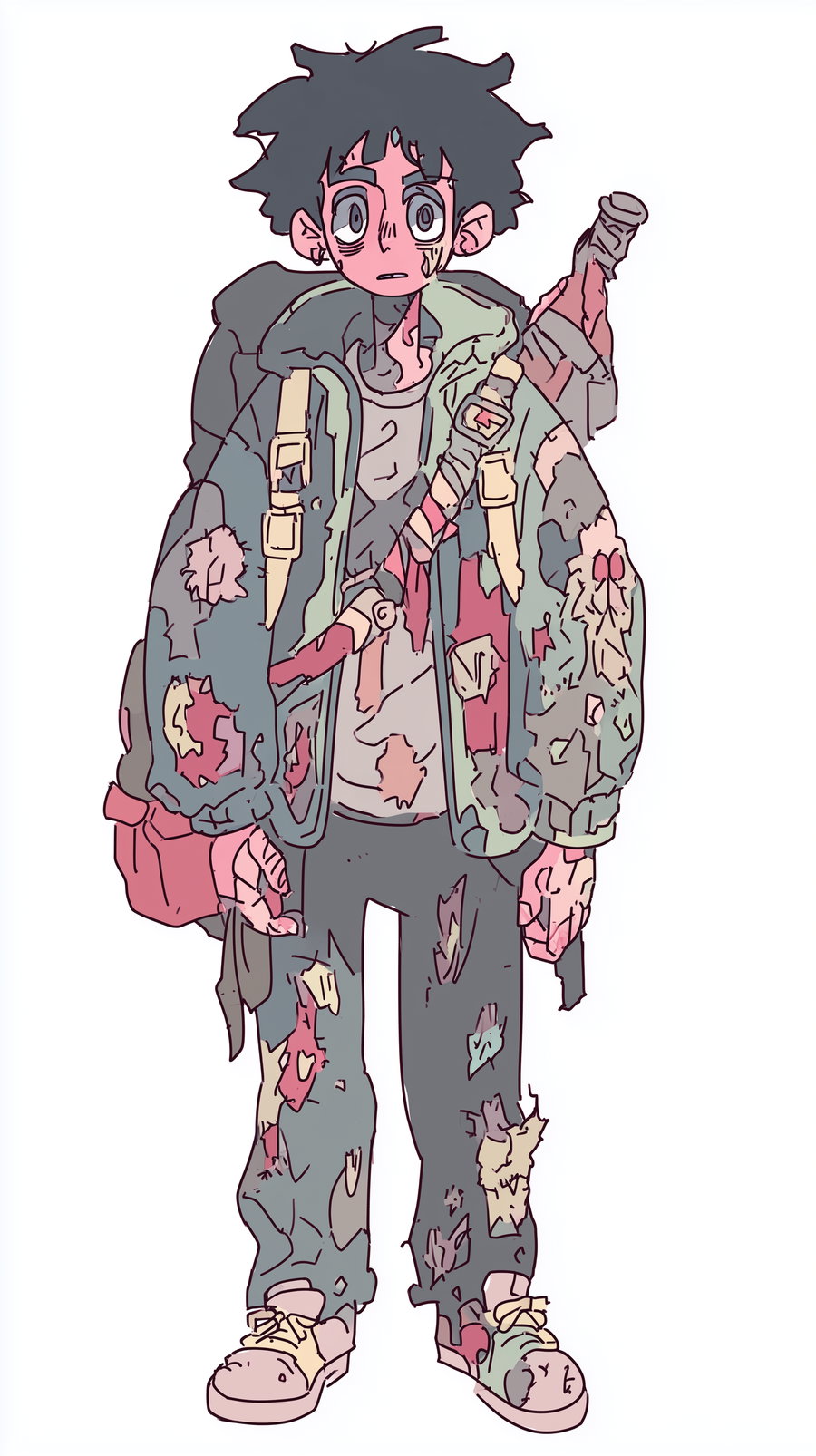 Digital drawing of a young person wearing a heavily patched jacket and pants, carrying a sword strapped on their back, with a large backpack.