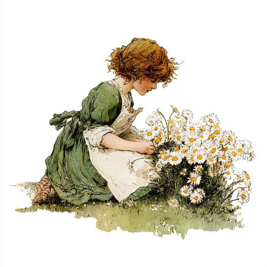 A watercolor-style vintage illustration of a young girl with brown hair tied back, wearing a green dress and white apron, kneeling and picking daisies from a bush with green grass beneath her.