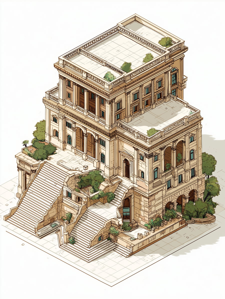 Detailed drawing of a classical European building with staircases, columns, arched windows, and small trees growing around and on terraces