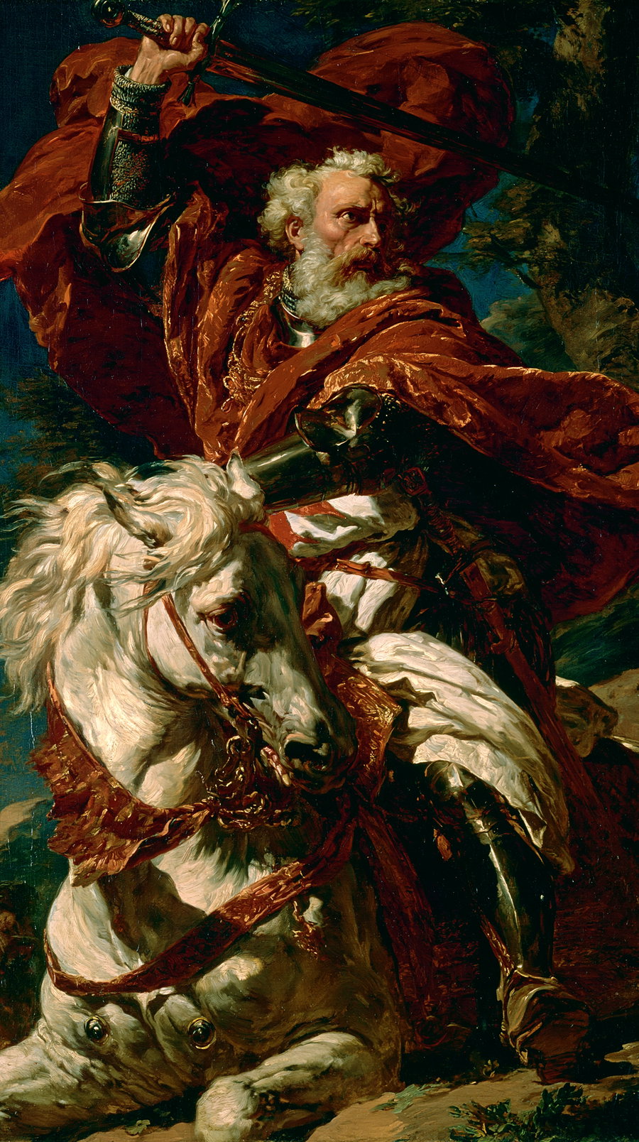 Painting of an older man with white hair and beard wearing armor and a red cloak, holding a raised sword while riding a white horse with a decorated bridle.
