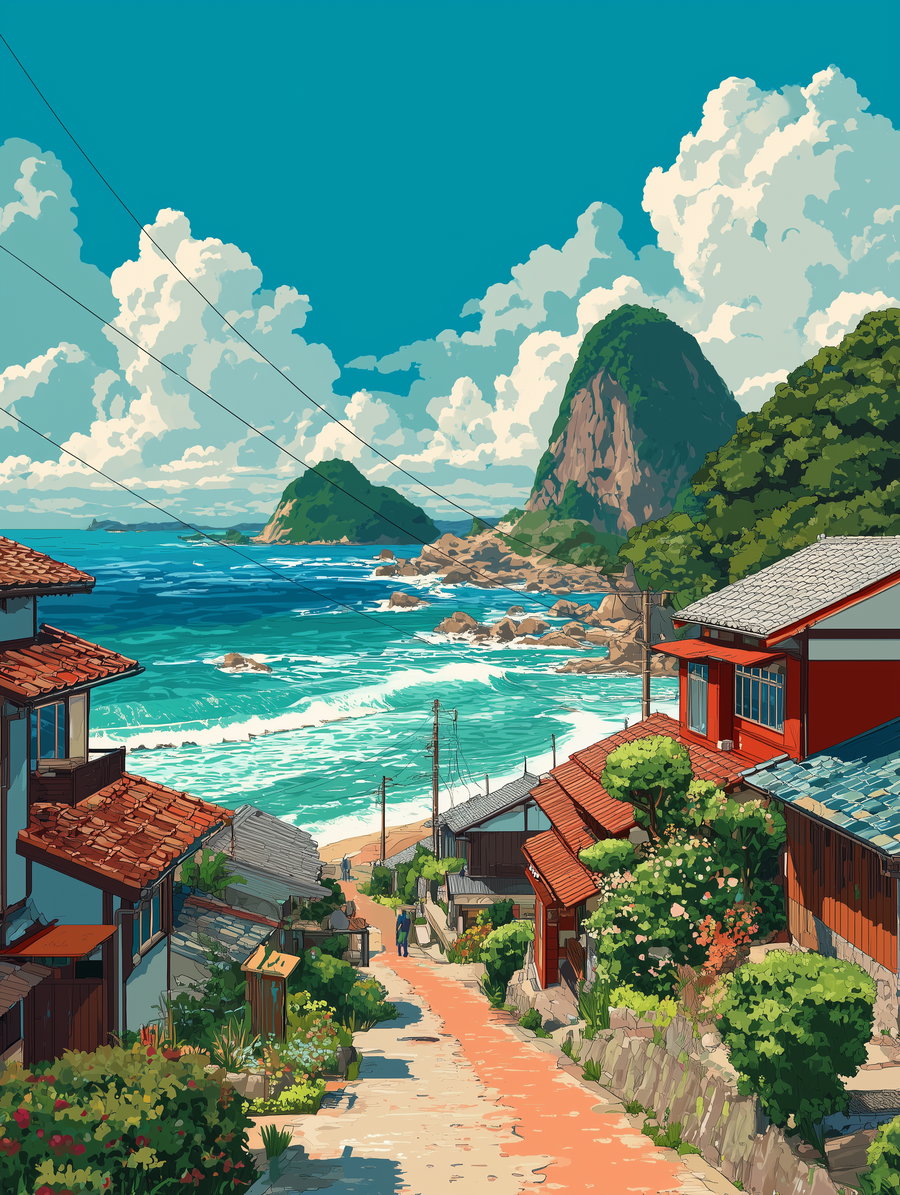 A digital illustration of a coastal village path leading down to the ocean, with waves crashing on rocks, lush greenery, and large hills under a bright blue sky with fluffy clouds.