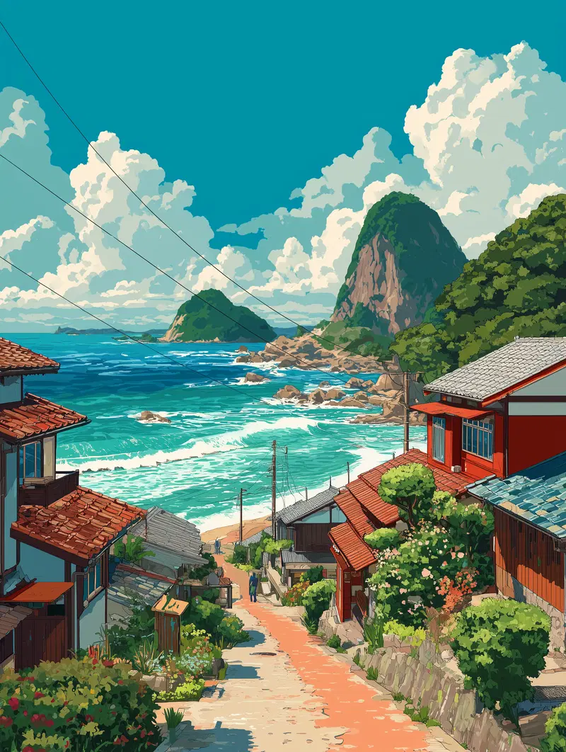 Serene coastal village with vibrant ocean and towering hills landscape art