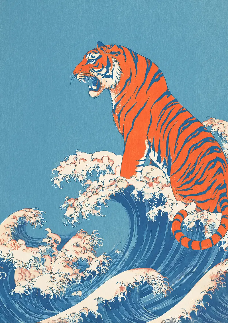 Bold Illustration of a Roaring Tiger Amidst Ocean Waves on Blue Background