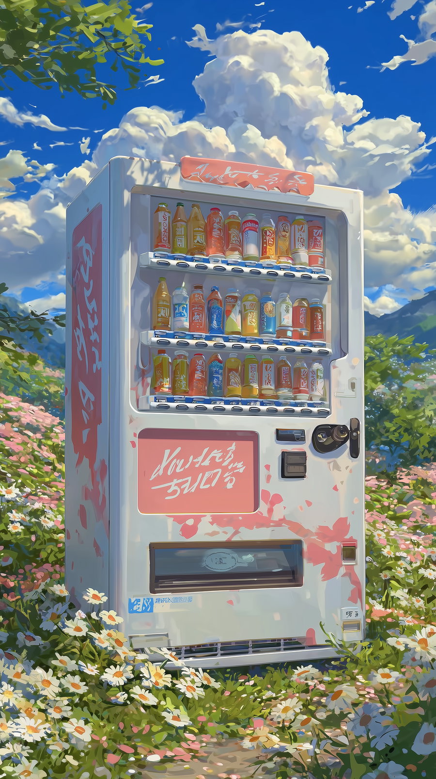 A white and pink vintage vending machine with colorful beverage bottles inside, placed outdoors in a field of blooming daisies under a vibrant blue sky with fluffy white clouds and some green leaves visible at the top left corner.