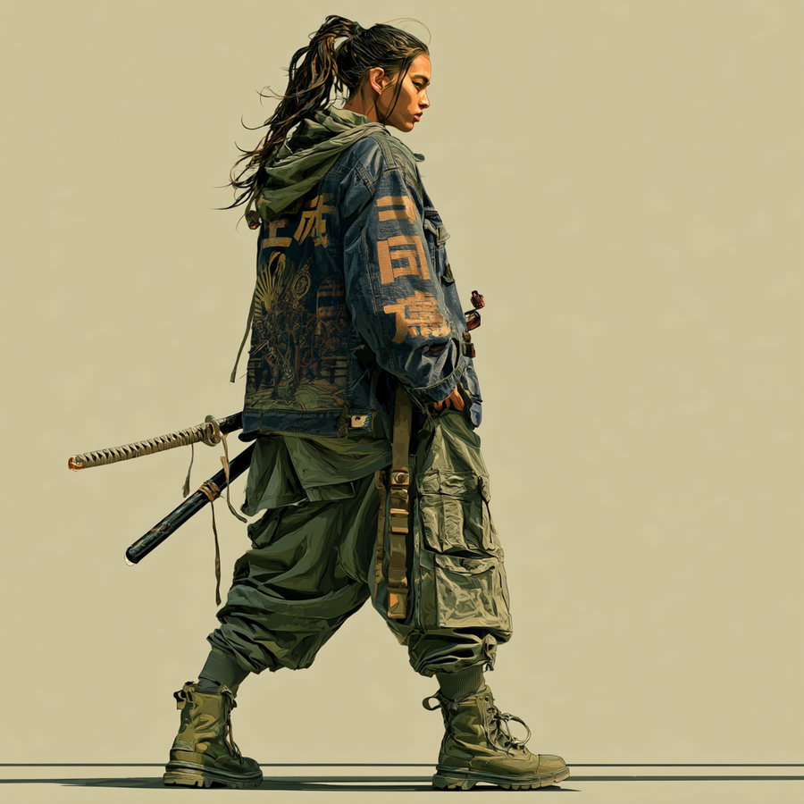 A digital illustration of a woman standing sideways wearing green cargo pants, a denim jacket with Japanese characters, military boots, and a katana strapped to her side, on a plain beige background