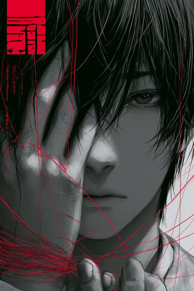 Moody and Detailed Portrait Art with Red Thread Motif in Dark Academia Style