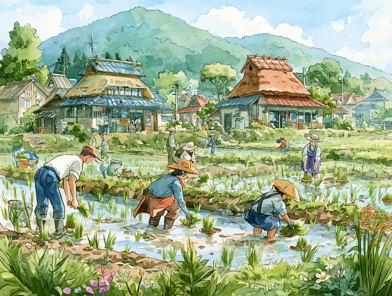 Watercolor Painting of People Working in a Traditional Rice Paddy Field