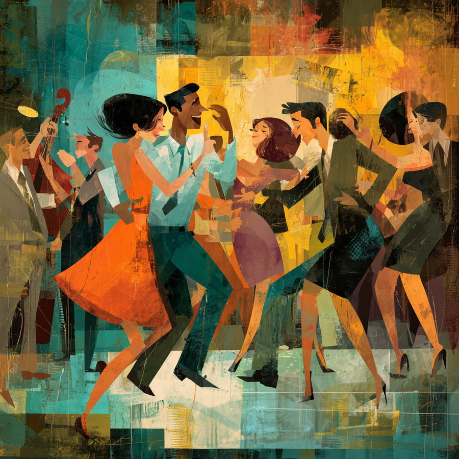 Colorful abstract illustration of several couples dancing joyfully indoors with a live musician playing double bass in the background