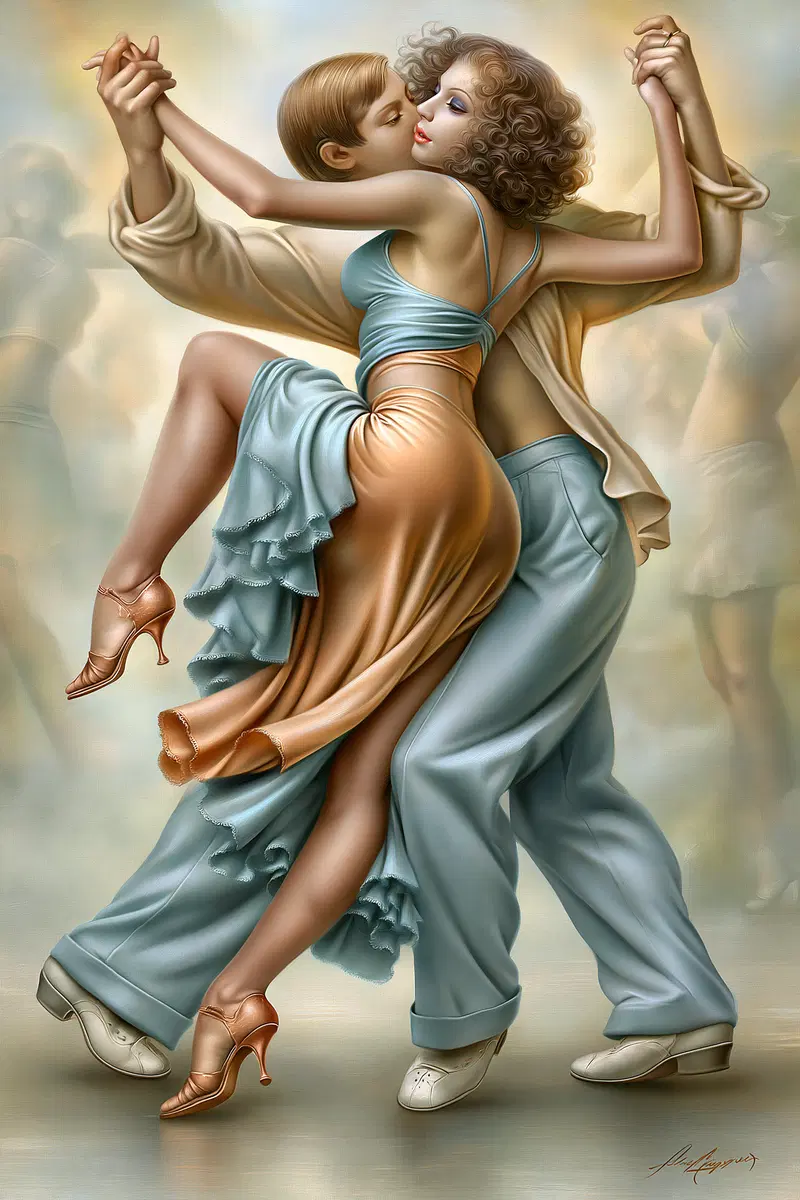 Elegant Romantic Couple Dancing in an Embrace with Soft Pastel Tones