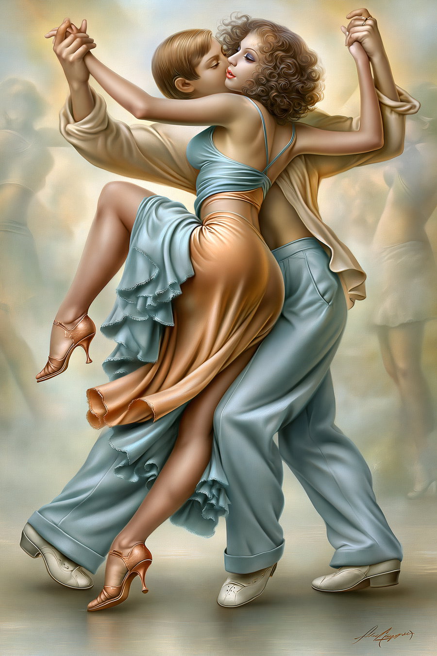 A stylized painting of a romantic couple dancing closely, the woman wearing a flowing dress in pastel peach and blue tones and the man in light blue trousers and white shoes, set against a softly blurred background.