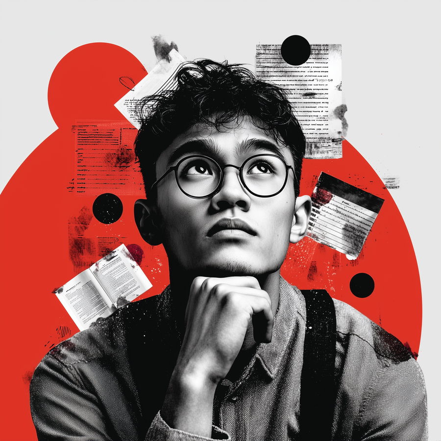 Black and white portrait of a young man wearing round glasses, resting his chin on his hand, with a red abstract shape and scattered papers in the background