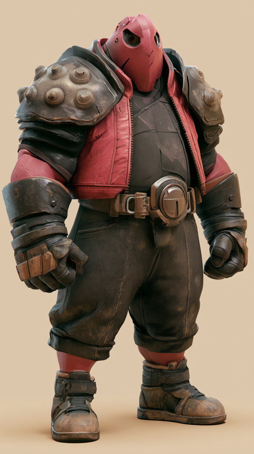 A digital 3D rendered character with a red helmet-like mask, bulky metal shoulder pads, a red vest, black pants, and worn boots standing against a plain beige background.