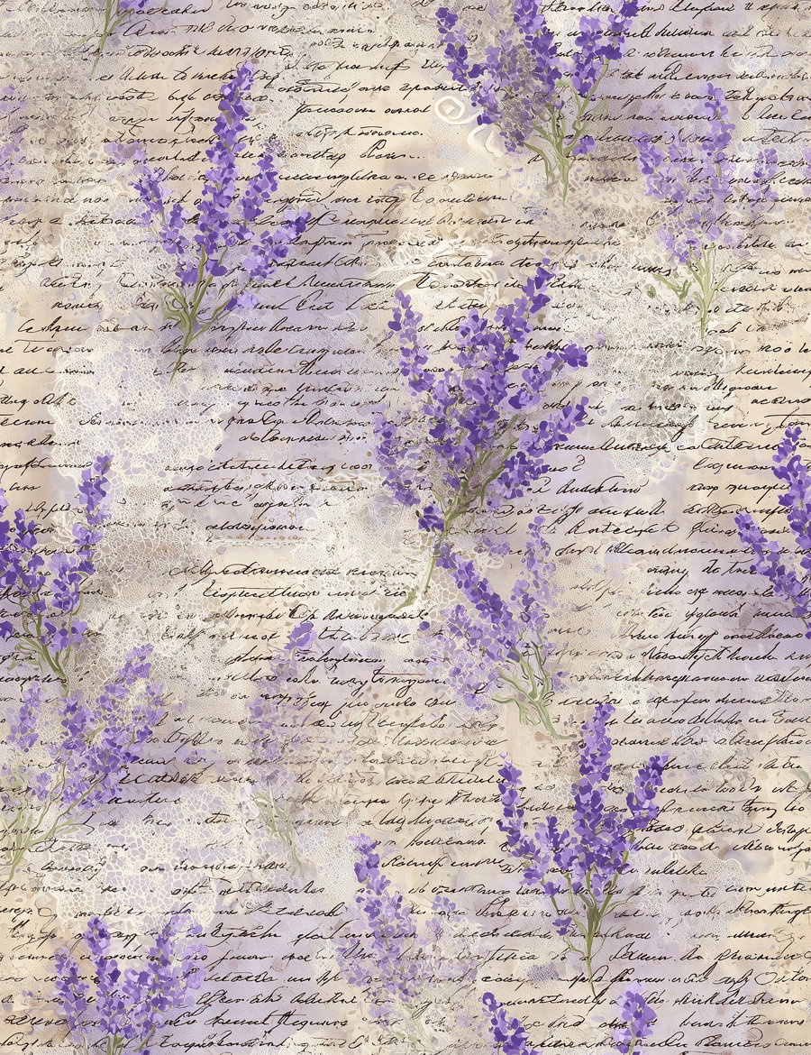 Seamless pattern of purple lavender flowers illustrated with vintage aesthetic overlaid with cursive handwritten script on a textured beige background