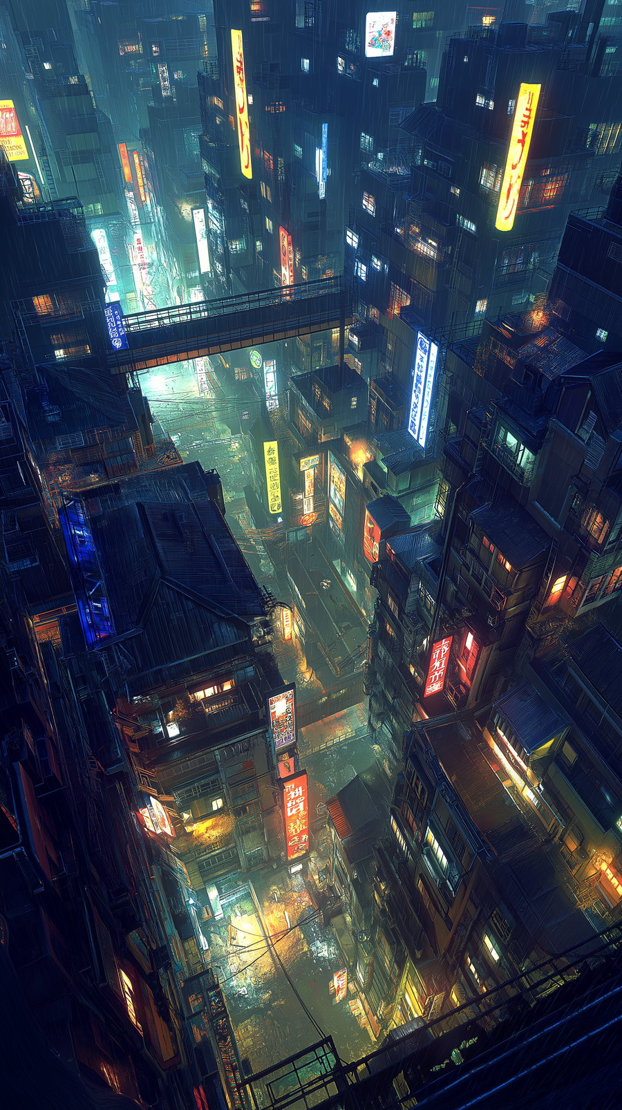 A vibrant neon-lit dense urban cityscape at night with tall buildings, illuminated signs in various colors, and a network of elevated walkways over the street below.