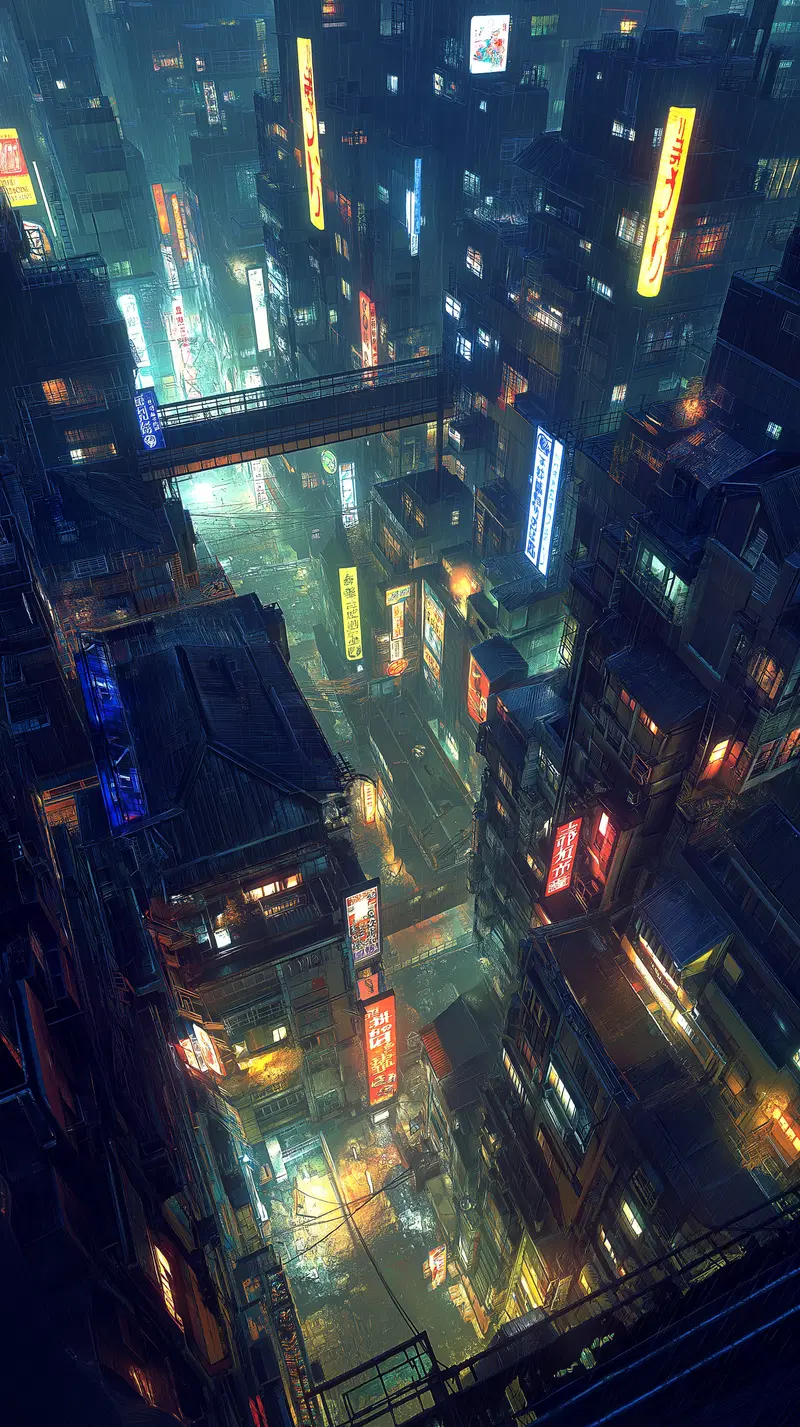 Digital Art of a Neon-Lit Urban Street Scene in a Futuristic City
