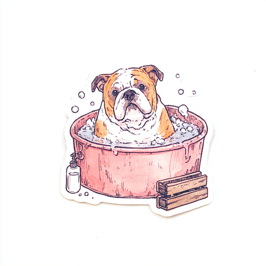 Drawing of a brown and white English Bulldog sitting in a pink tub filled with soap bubbles, with soap dispenser and wooden bath brush beside the tub