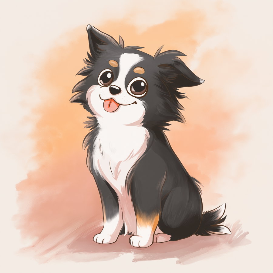 Illustration of a happy, cartoon-style black and white dog with large eyes, sitting against a soft orange and beige background