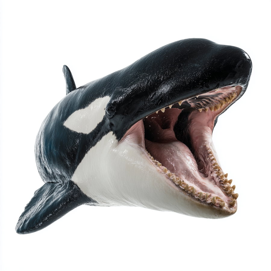 Realistic image of a black and white orca whale head with its mouth wide open revealing sharp teeth and pink interior, isolated on white background