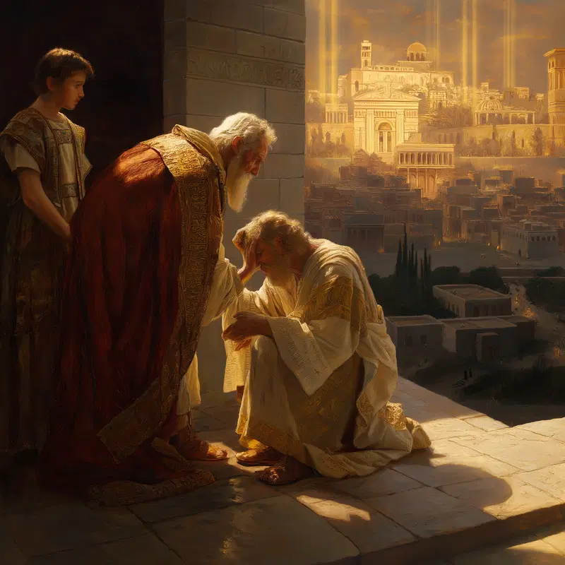 Classical religious scene with figures in ancient robes and illuminated cityscape