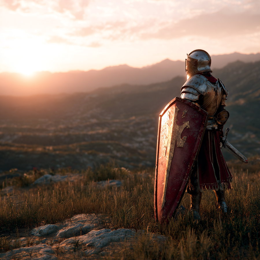 A medieval knight clad in shiny armor, holding a large red shield with a golden emblem and a sword, stands on a rocky grassy hill with a scenic sunset and mountain range in the background.