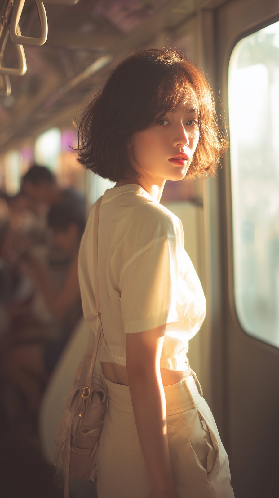 A young woman with short brown hair wearing a white top and beige pants stands inside a vehicle near a window with sunlight falling on her face and body