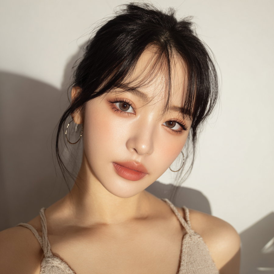 A close-up image of a young woman with medium skin tone, dark hair tied back with loose strands, wearing hoop earrings and a beige tank top, looking directly at the camera with natural makeup and soft lighting