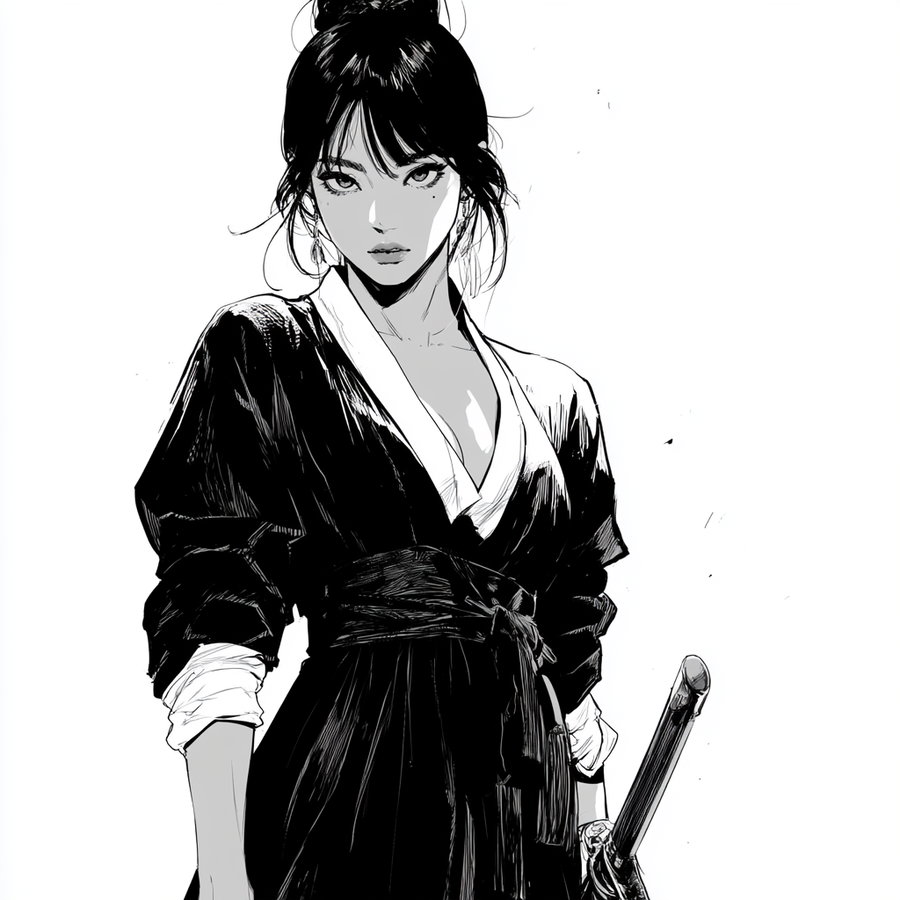 A detailed black and white drawing of a woman with dark hair tied up, wearing a robe-like outfit and holding a sword at her side