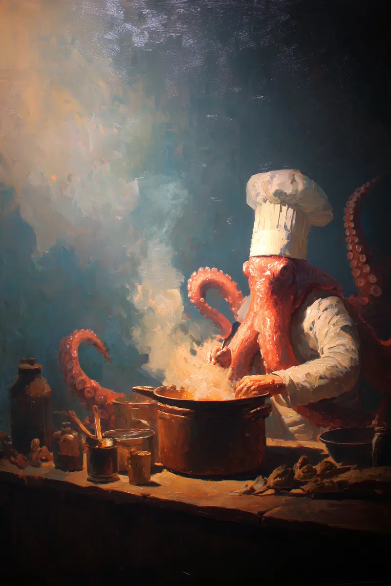 Whimsical painting of an octopus chef cooking in a steamy kitchen