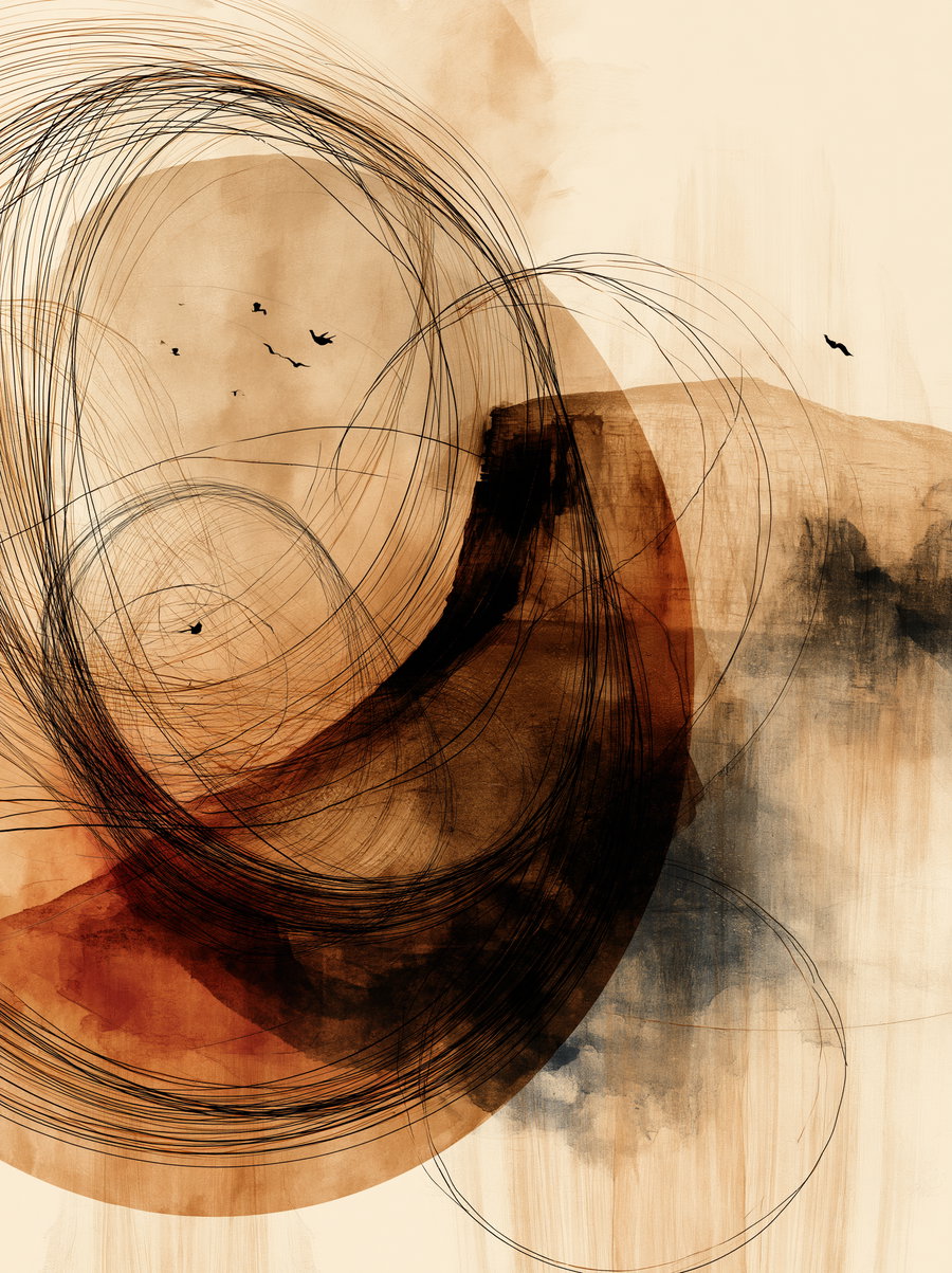 Abstract art featuring overlapping circular black lines, earth tone shades of brown, rust, and black washes, and small black bird silhouettes on a beige background