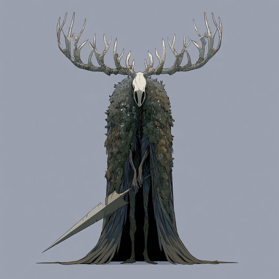 A tall figure wearing a cloak of leaves and feathers with a large antler skull as a mask, holding a long spear, on a plain gray background