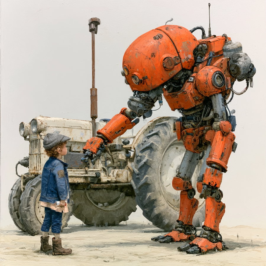 An orange humanoid robot bending down and interacting with a young child dressed in blue clothing and a hat, standing next to a vintage white tractor in a simple, muted background