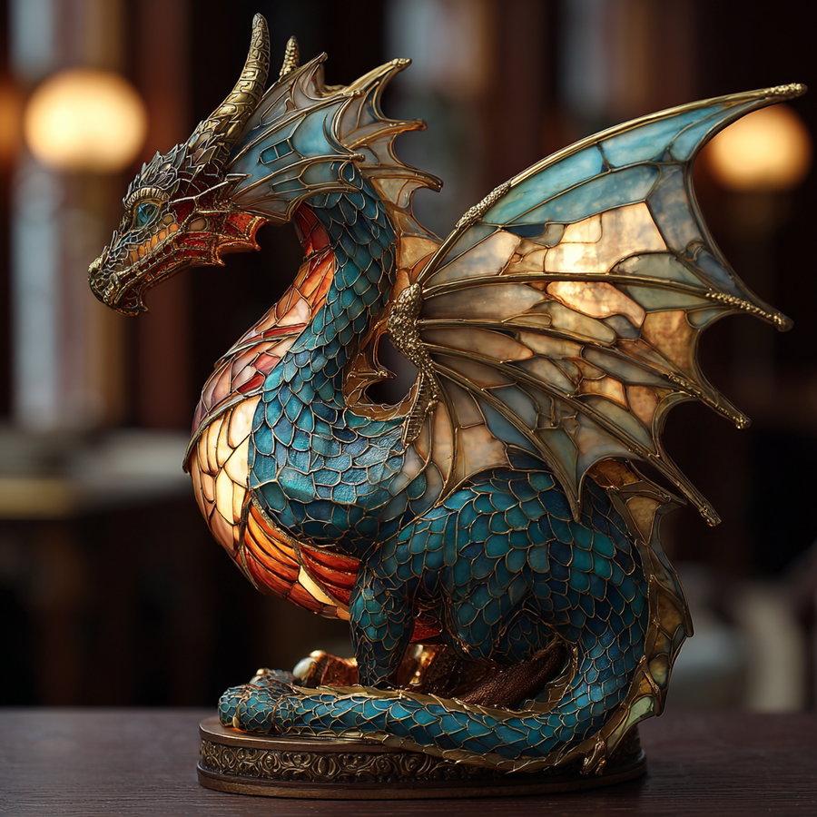 A detailed vintage-style stained glass dragon sculpture with blue and gold scales and illuminated wings, placed on a wooden surface indoors.