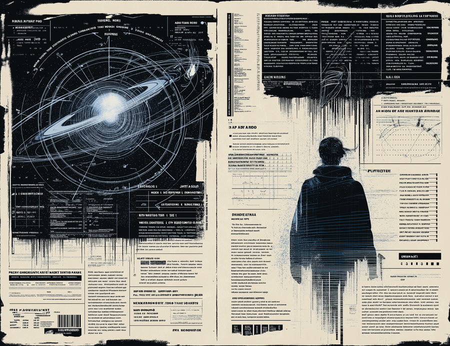 A stylized editorial art piece featuring a cosmic diagram with rings and celestial bodies on the left, and a silhouette of a person in a jacket looking at text blocks and abstract shapes on the right, all on a textured beige background with black ink splatters and graphic elements.