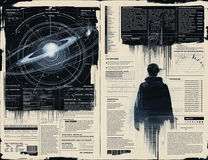 Futuristic editorial art collage with cosmic diagram and silhouetted figure