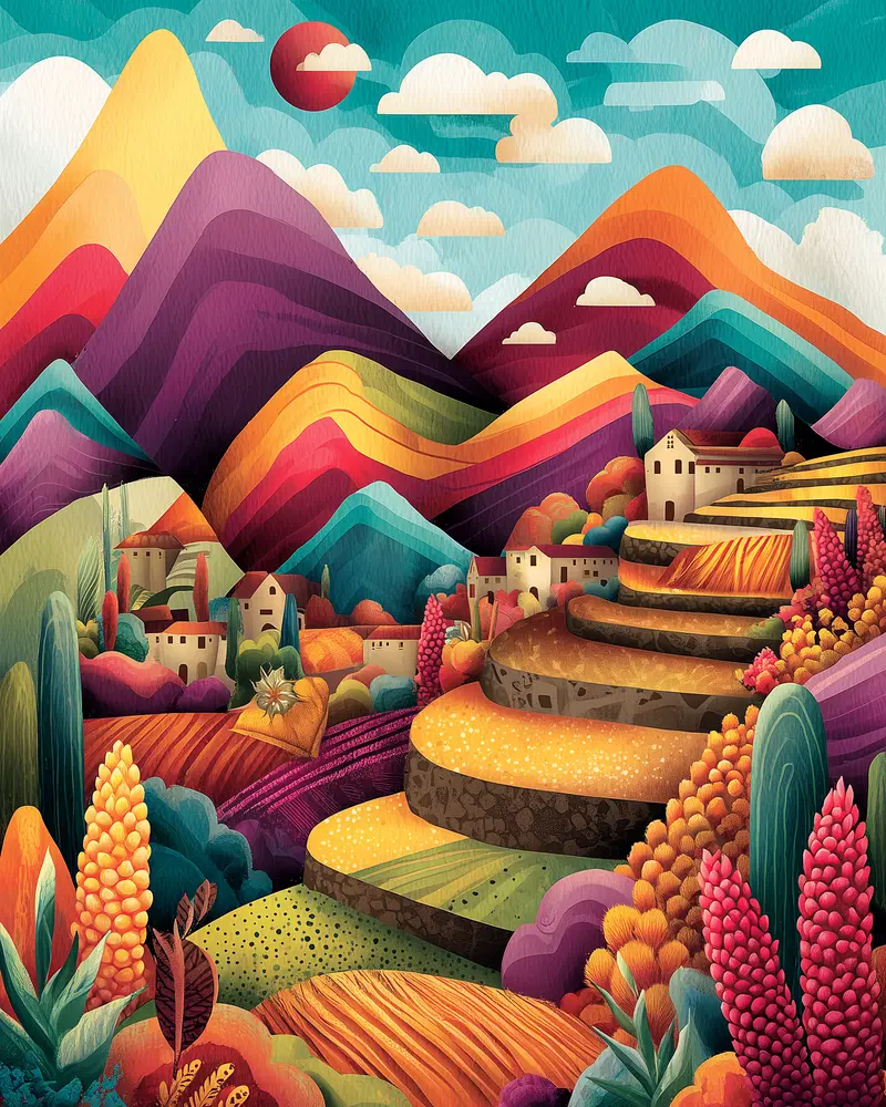 Colorful abstract landscape with layered mountains, houses, and vibrant vegetation