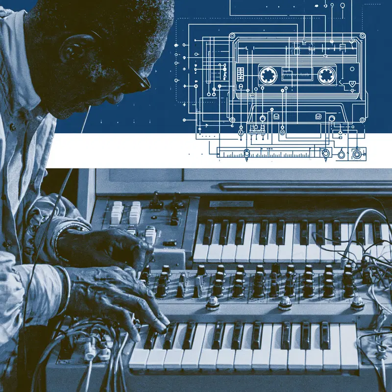 Vintage style art print featuring a musician playing a synthesizer with cassette tape blueprint