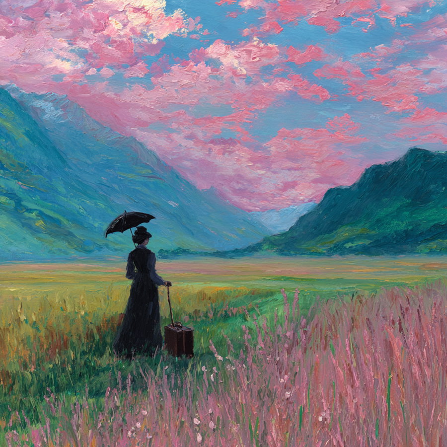 A vintage style painting showing a woman in a dark dress holding an umbrella and a suitcase, standing in a colorful valley with tall grass, surrounded by green mountains and a dramatic pink and blue sky.