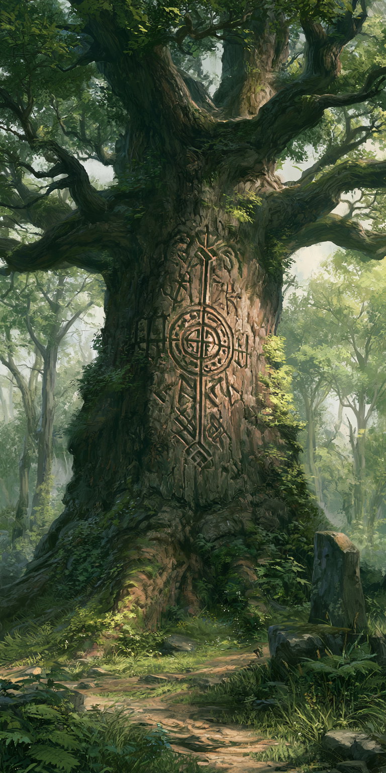 A large ancient tree with intricate carvings on its trunk surrounded by dense green forest and a stone pathway.
